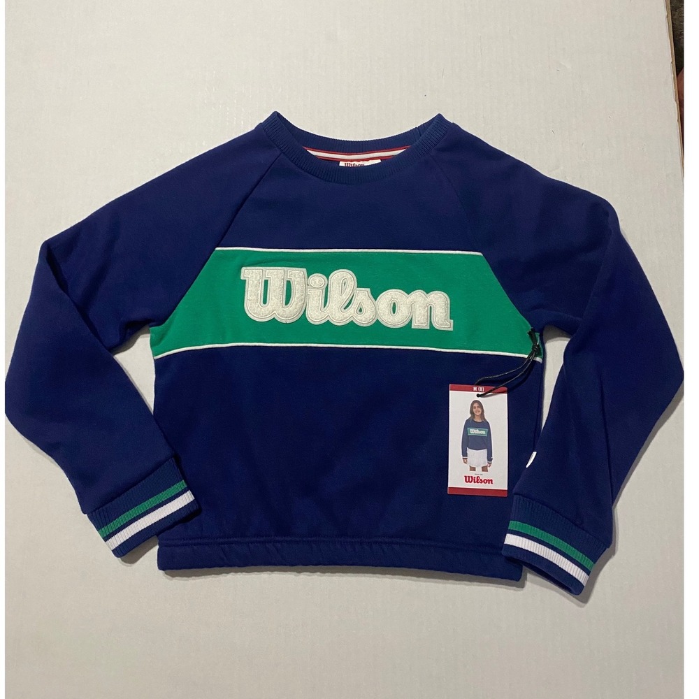 Wilson Girls Navy Blue Green Chenille Logo Crewneck Sweatshirt Size 8 NWT